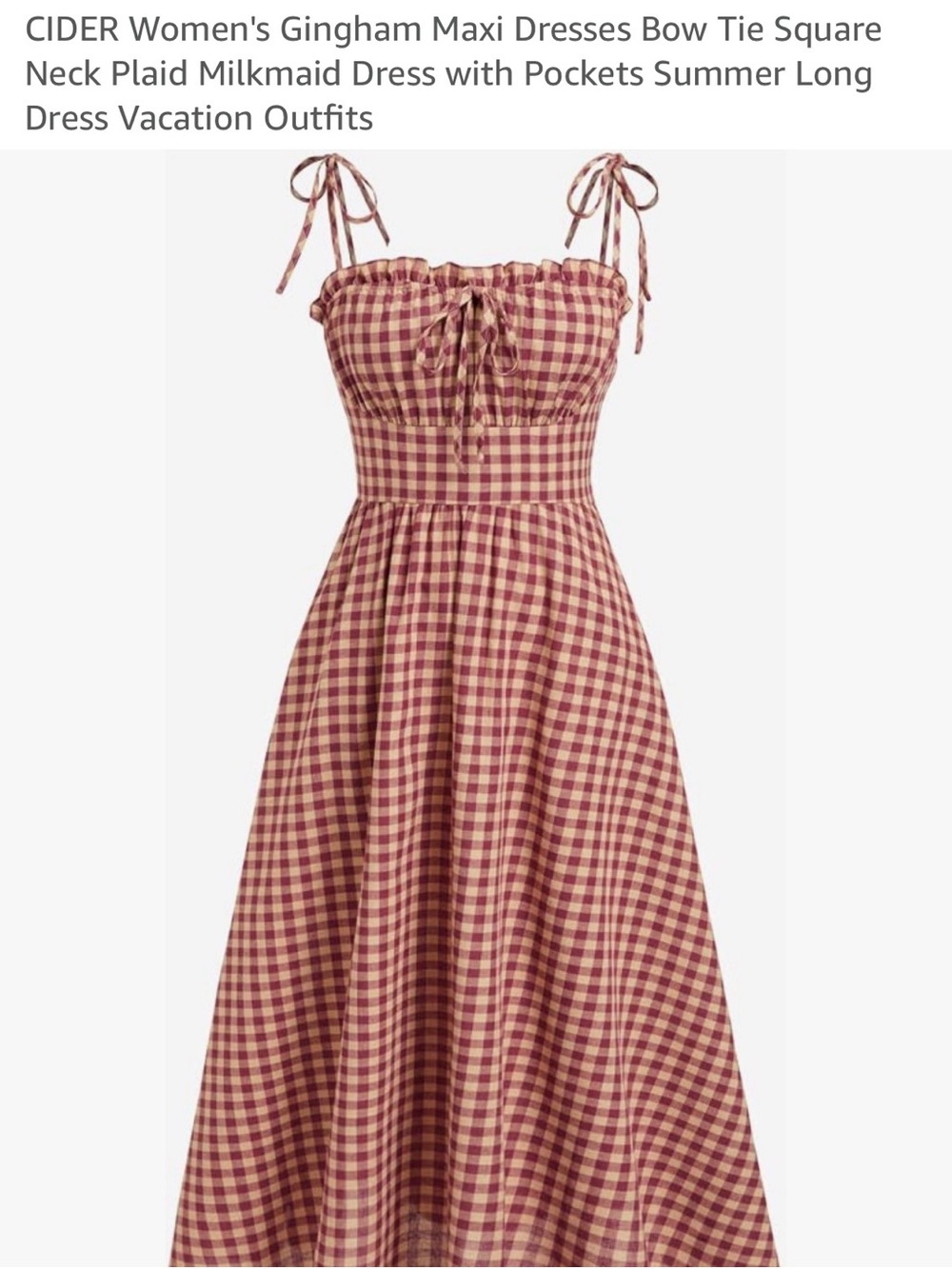 Cider Burgundy and Beige Gingham Tie-Shoulder Maxi Dress with Bow Front